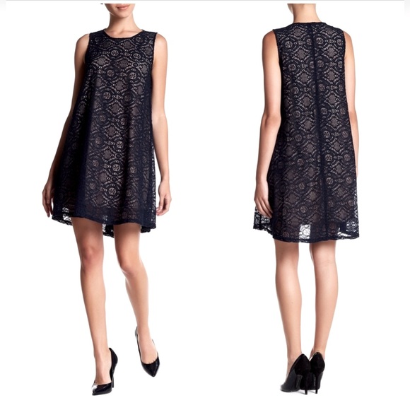 Sharagano Trap Lace A-Line Dress. Size 10. Navy/Nude. Flirty trapeze style. - Picture 1 of 5